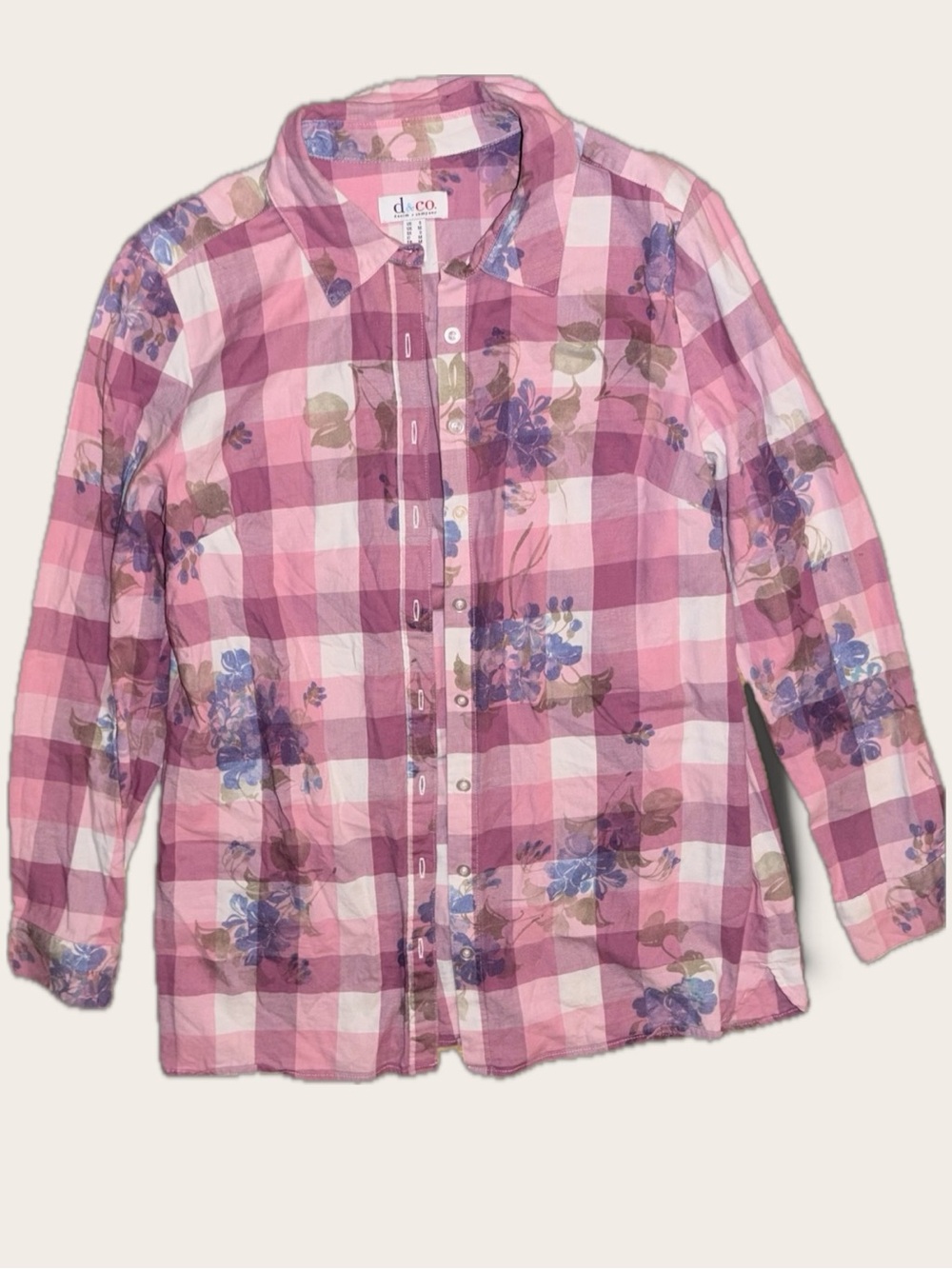 Denim & Co Womens S Pink Gingham Floral Button Down Shirt Cottagecore Cotton